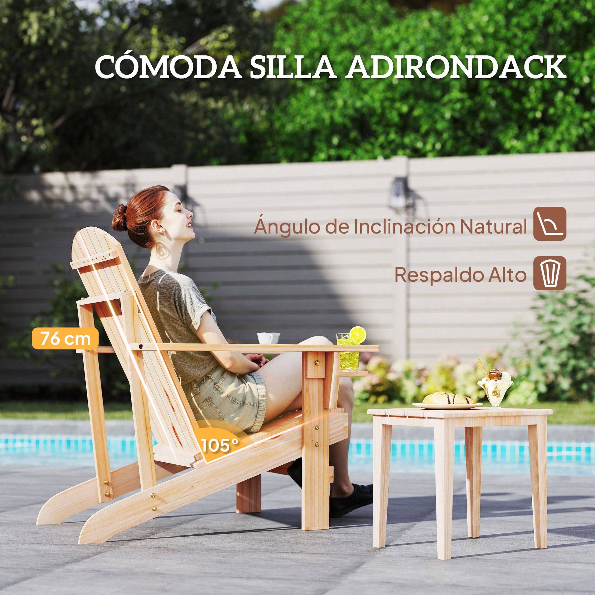 Silla Adirondack de Madera Silla de Jardín con Reposabrazos y Respaldo Alto para Terraza Balcón Exterior 72x95x93 cm Natural