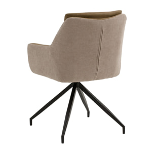 Set di 4 poltroncine girevoli WATSON in similpelle marrone, tessuto beige e gambe in metallo nero, con braccioli