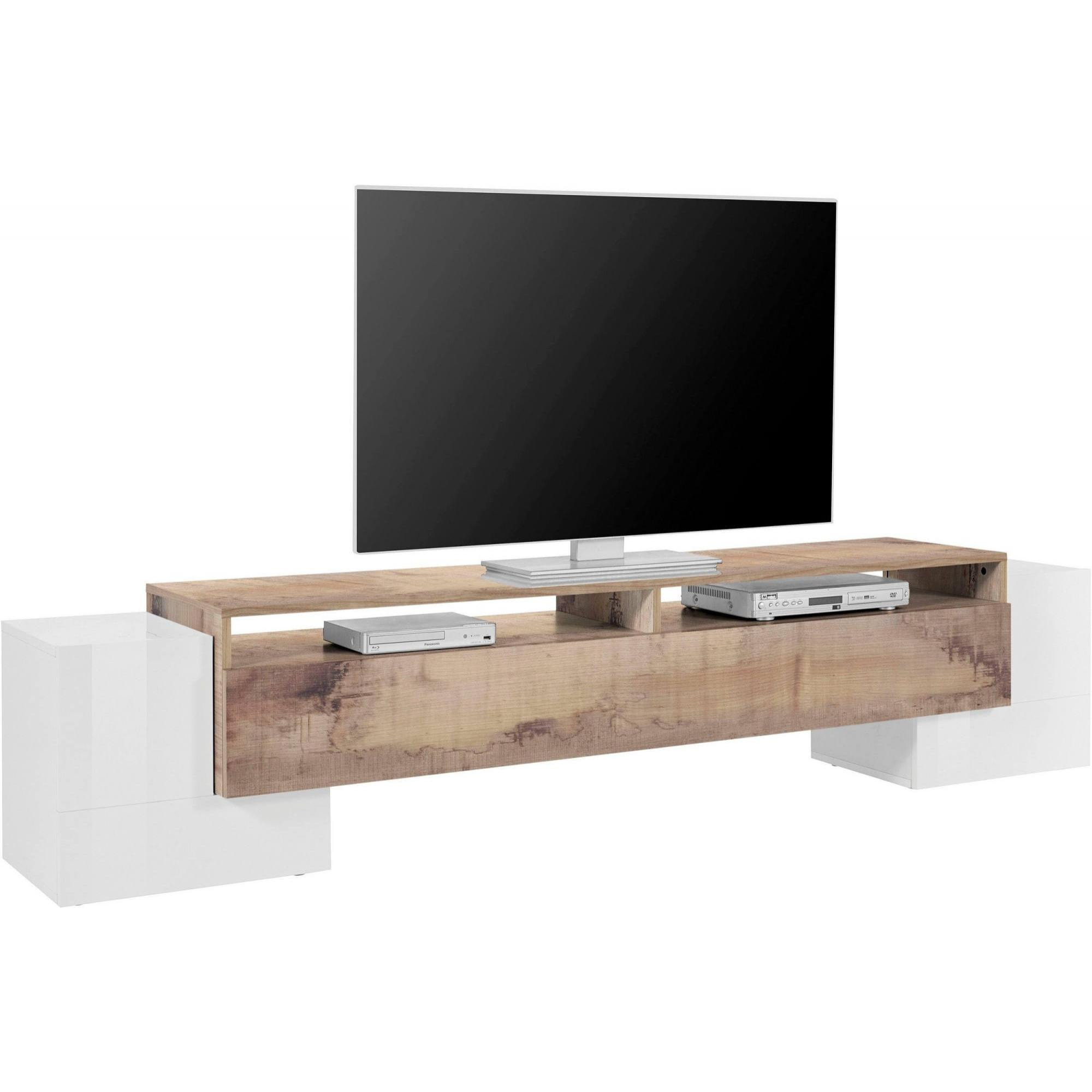 Mobile da soggiorno Porta TV, Made in Italy, Supporto per TV da salotto a 3 ante e ripiani, cm 210x45h45, colore Bianco lucido e Acero