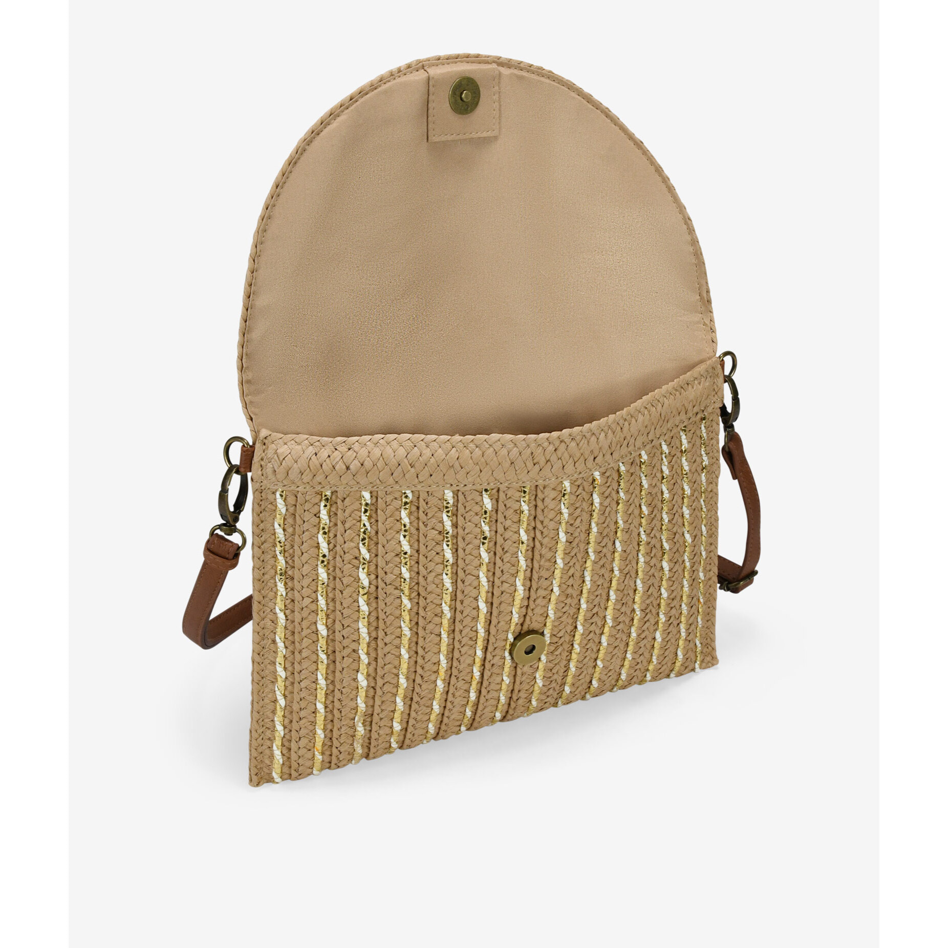 Bolso de mano marrón claro con solapa