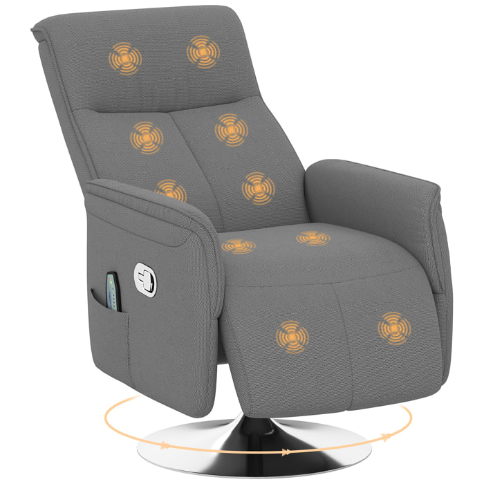 Sillón Relax Reclinable con Reposapiés Sillón de Masaje con 10 Puntos de Masaje Giratorio 360° Mando a Distancia Butaca Reclinable para Salón Oficina Gris