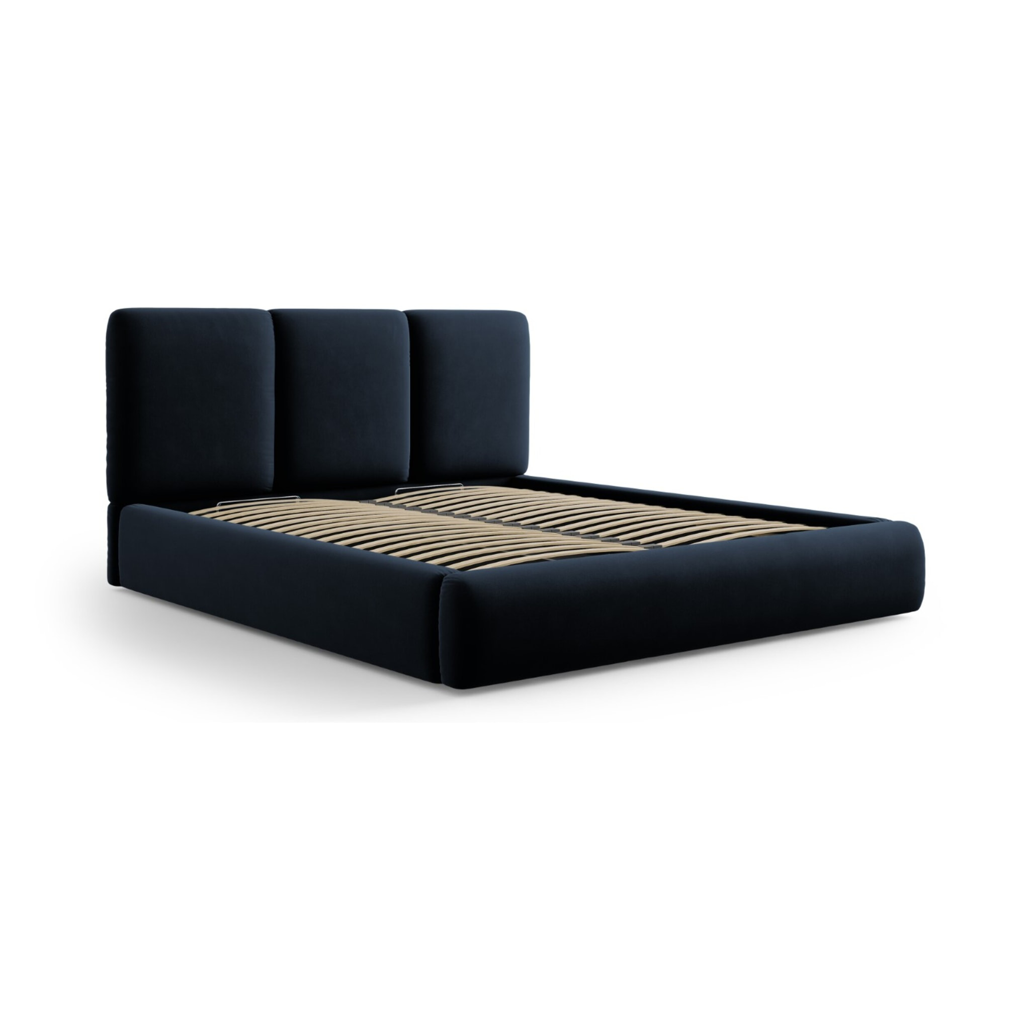 Lit coffre avec tête de lit "Nicolas" 160x200cm en velours bleu foncé