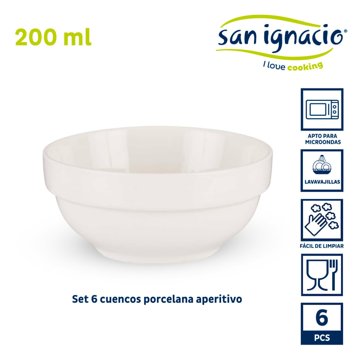 Set 6 cuencos porcelana blanca aperitivo colección vessia