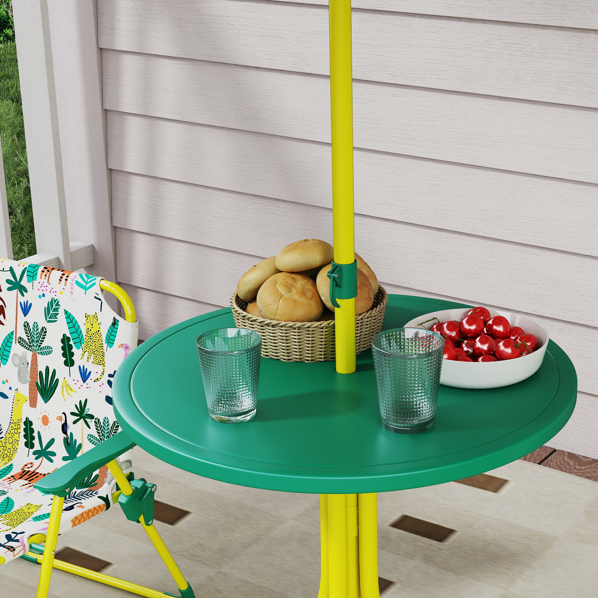 Conjunto de Mesa y Sillas Infantil de Jardín de 4 Piezas, Mesa Infantil con Sillas Plegables, Sombrilla Desmontable, Diseño de Jungla, para Patio, Pícnic, Verde