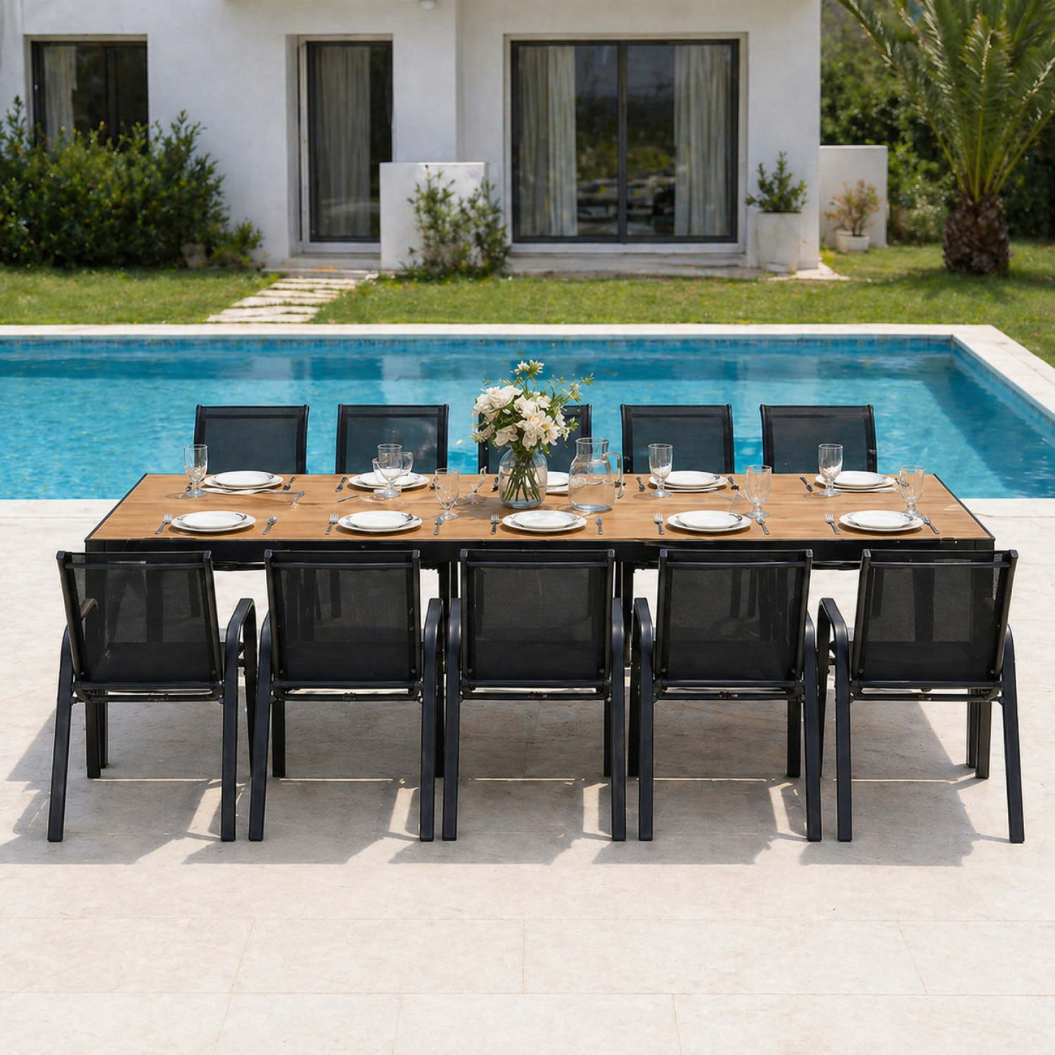 Salon de jardin 10 places avec table 240cm effet bois PANAY