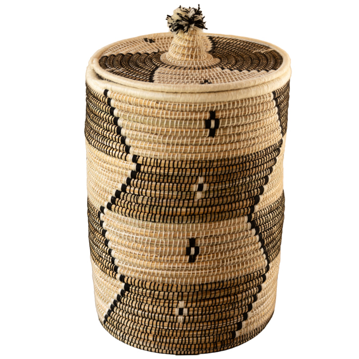 Panier à linge motifs ethniques en fibres naturelles - Blanc
