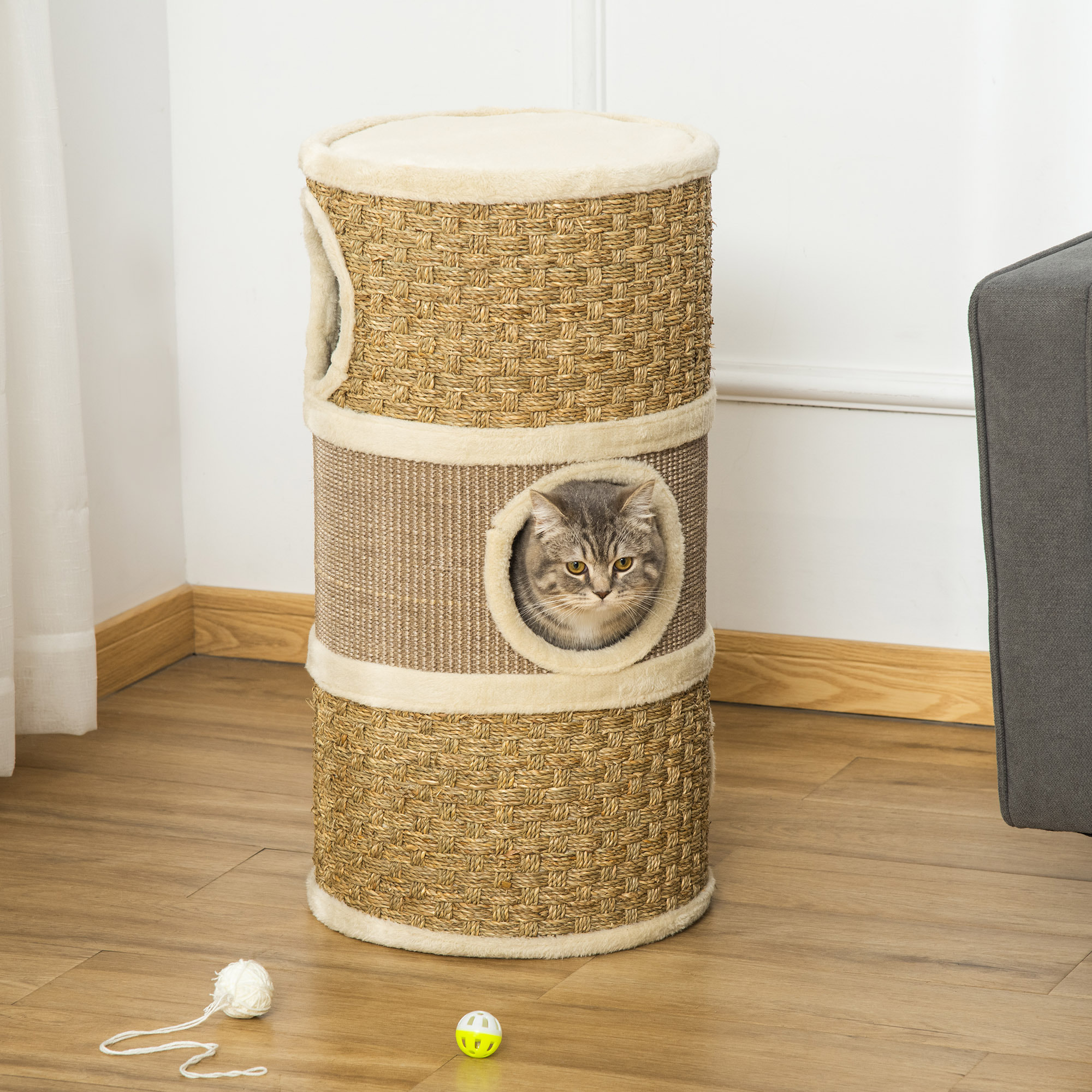 Arbre à chat cylindrique - tour à griffer pour chat - arbre à chat tour - Tonneau griffoir - 3 niches + plateforme - sisal corde d'algues beige