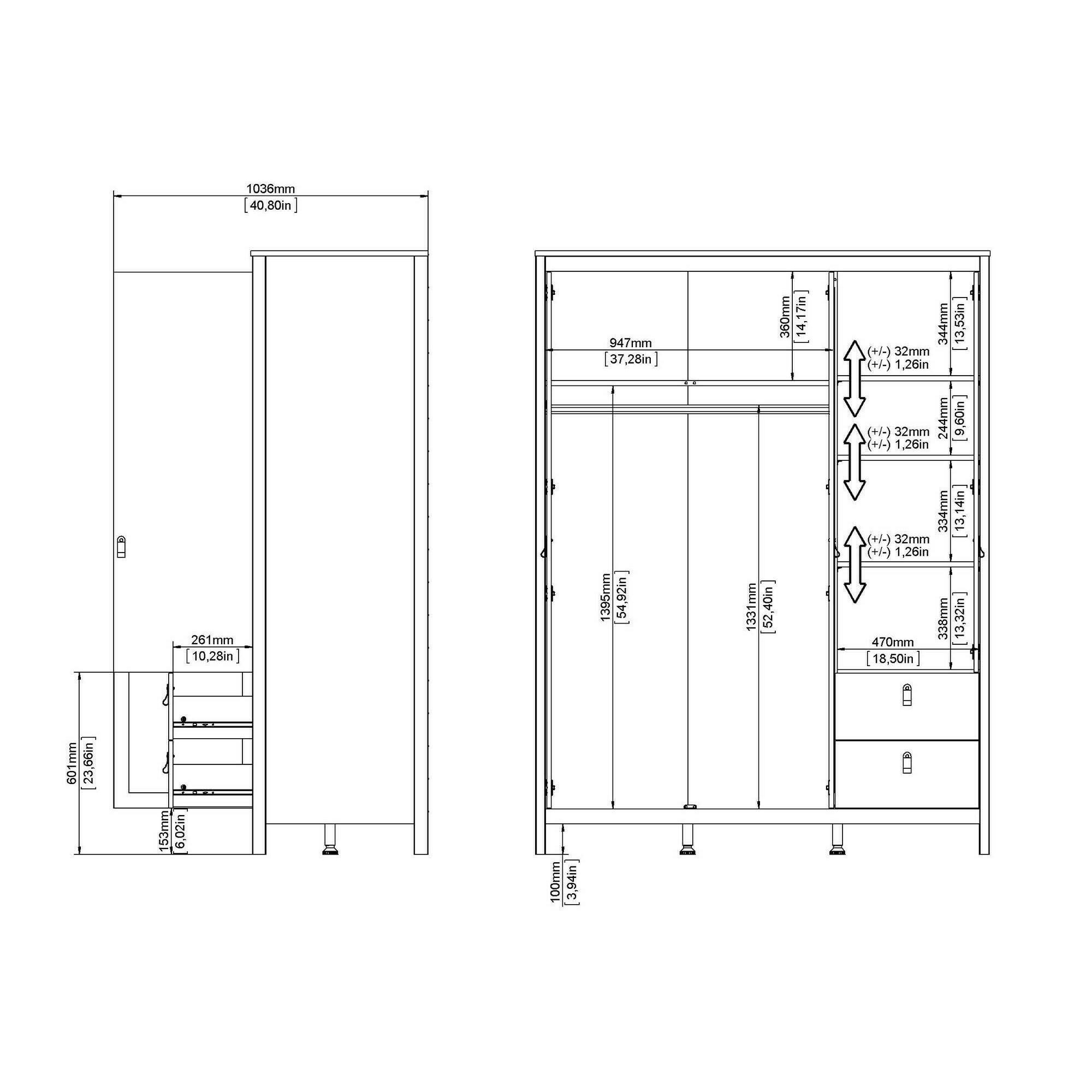 Guardaroba 3 ante Rufina, Mobile camera da letto, Cabina armadio portabiti, Armadio appendiabiti, 150x58 h199 cm, Bianco