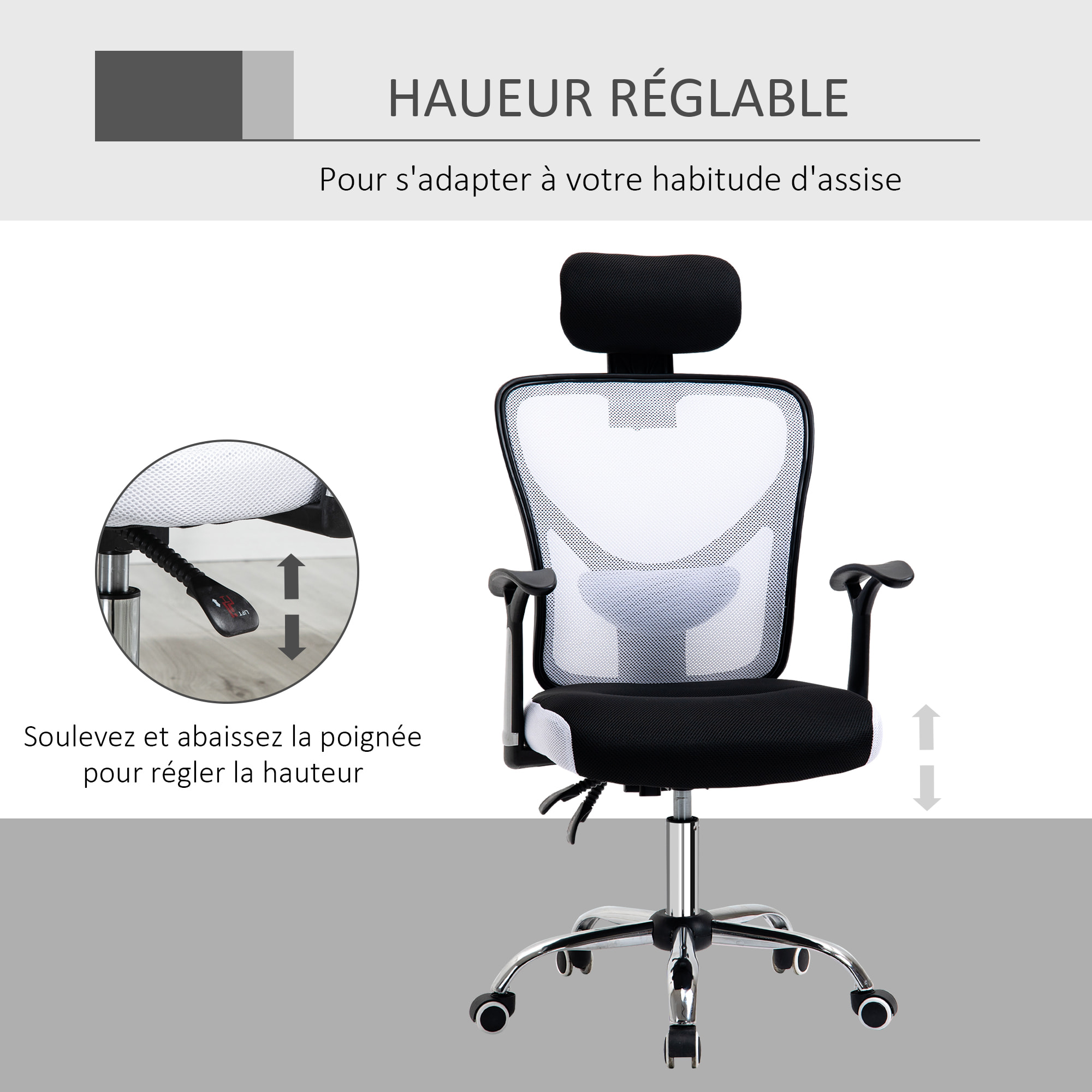 Vinsetto Chaise de bureau manager grand confort réglable dossier inclinable piètement chromé tissu maille polyester blanc noir