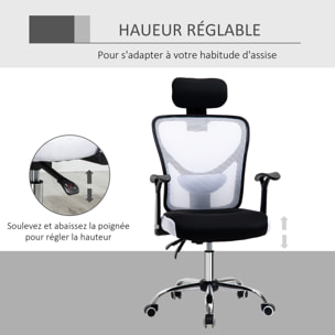 Vinsetto Chaise de bureau manager grand confort réglable dossier inclinable piètement chromé tissu maille polyester blanc noir