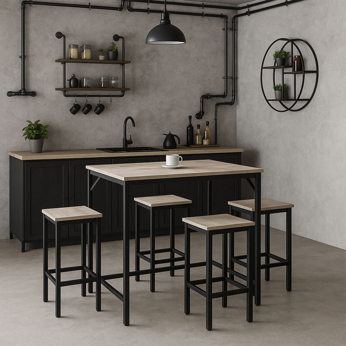 Sabi - Tavolo bar con 4 sgabelli quadrati in stile industrial bleach, set angolo breakfast