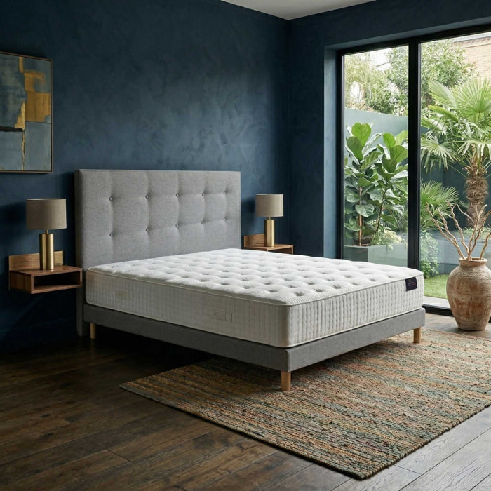 Ensemble matelas ressorts HÉLIOS, mémoire de forme, H31 cm, sommier et tête de lit gris