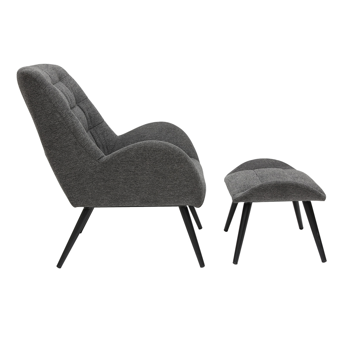 Fauteuil et repose-pieds design en tissu gris foncé et métal noir ZOE