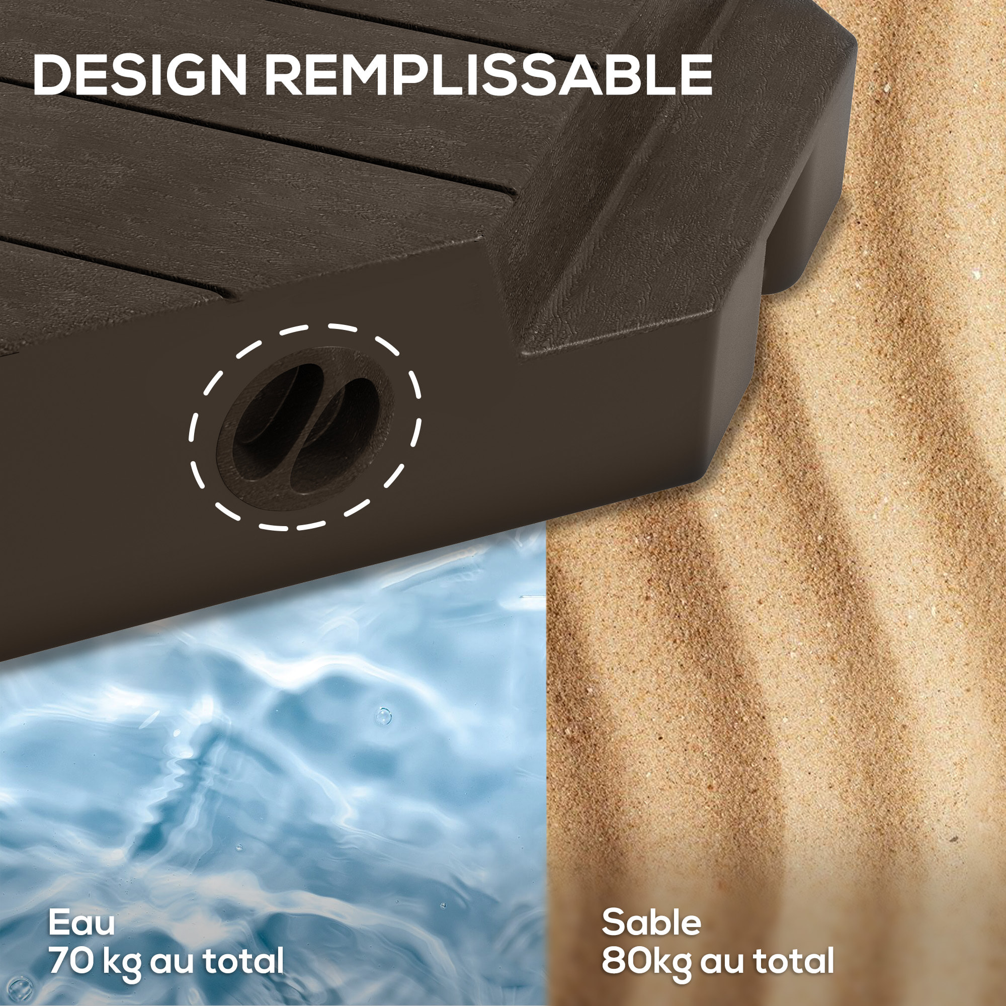Lot de 4 dalles de lestage parasol déporté piètement croix - à lester eau ou sable - HDPE chocolat