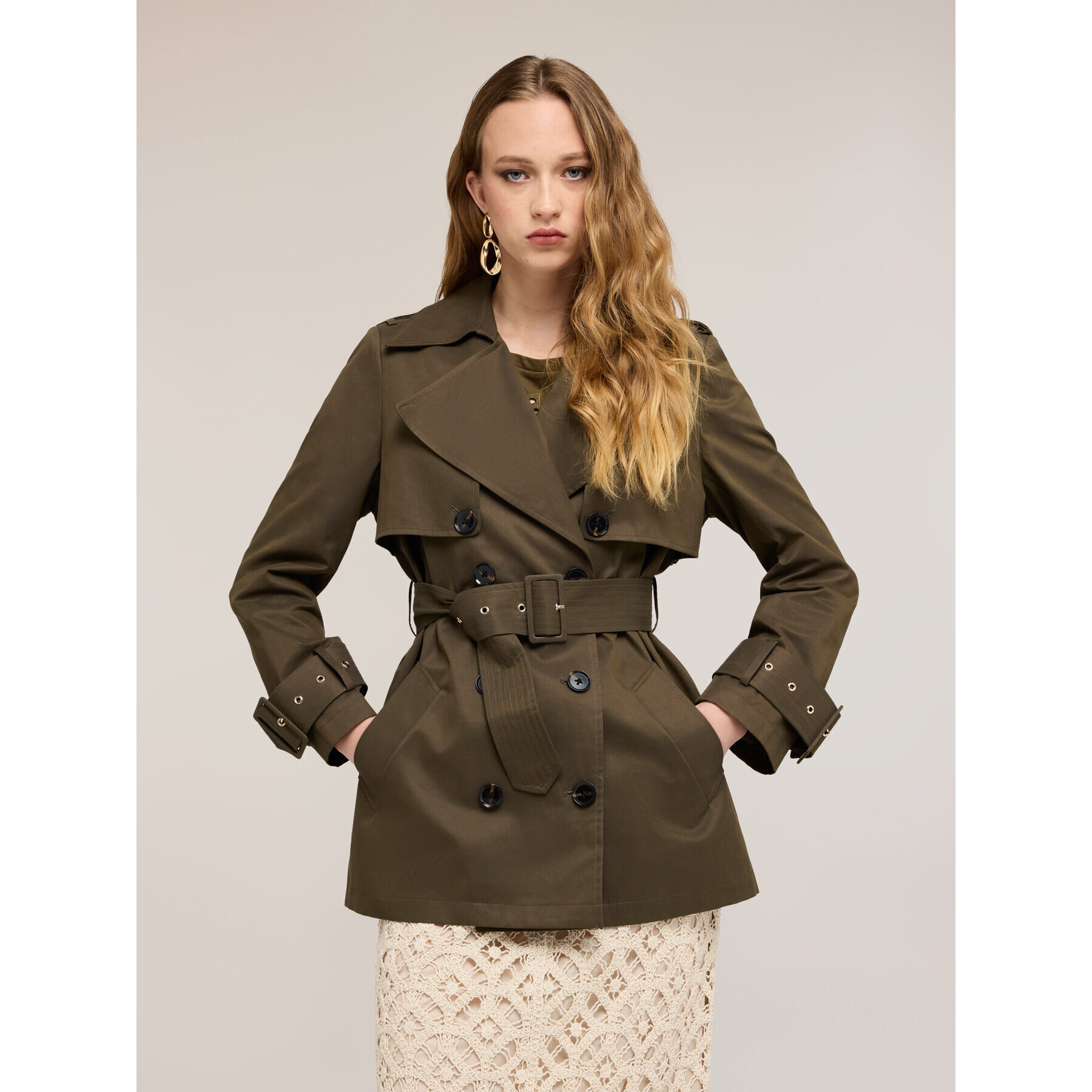 Motivi - Trench cruzado en tafetán mezcla de algodón - Verde militare