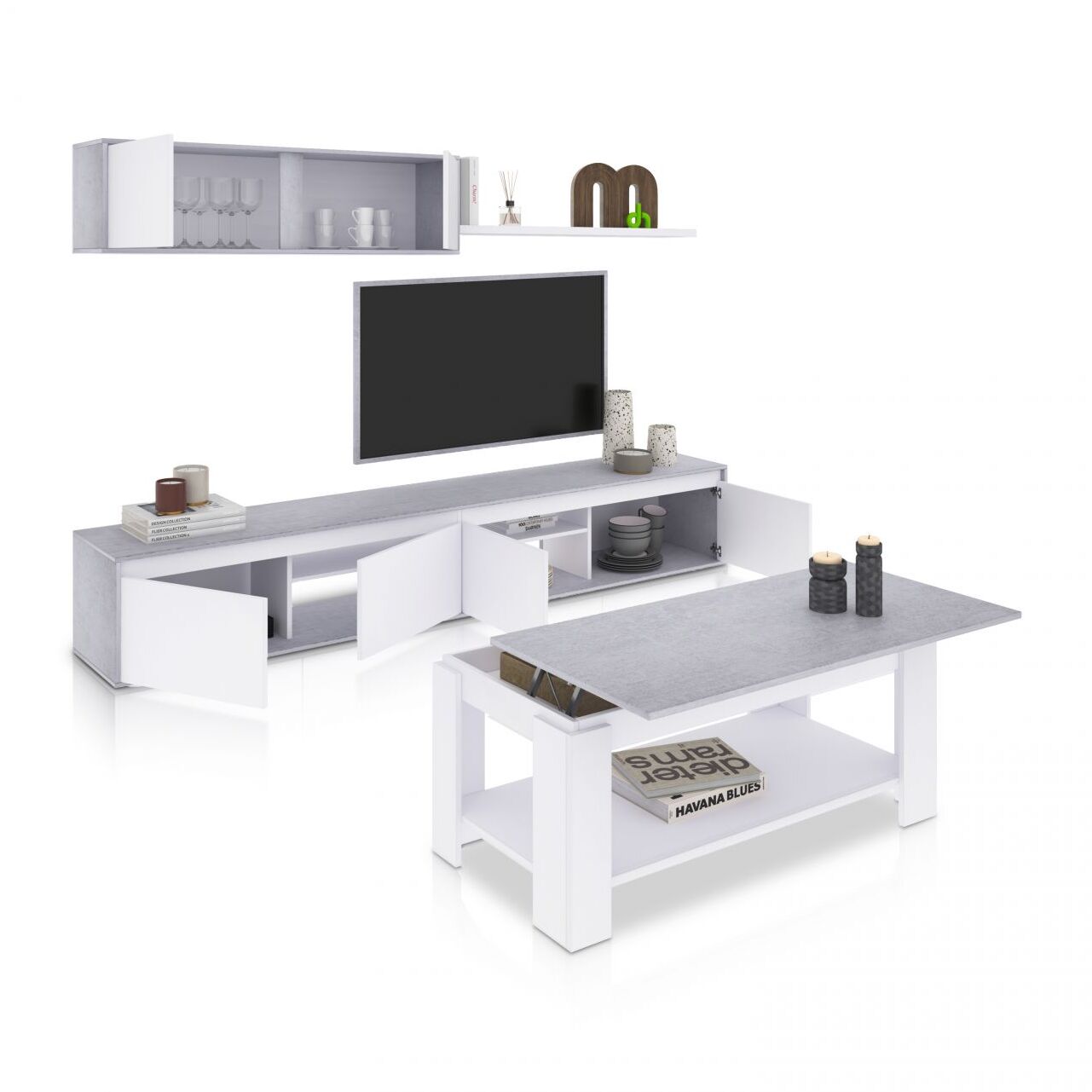 Pack salón con mesa de centro Arlet Plus Blanco Artik (Blanco Mate) - Gris Cemento