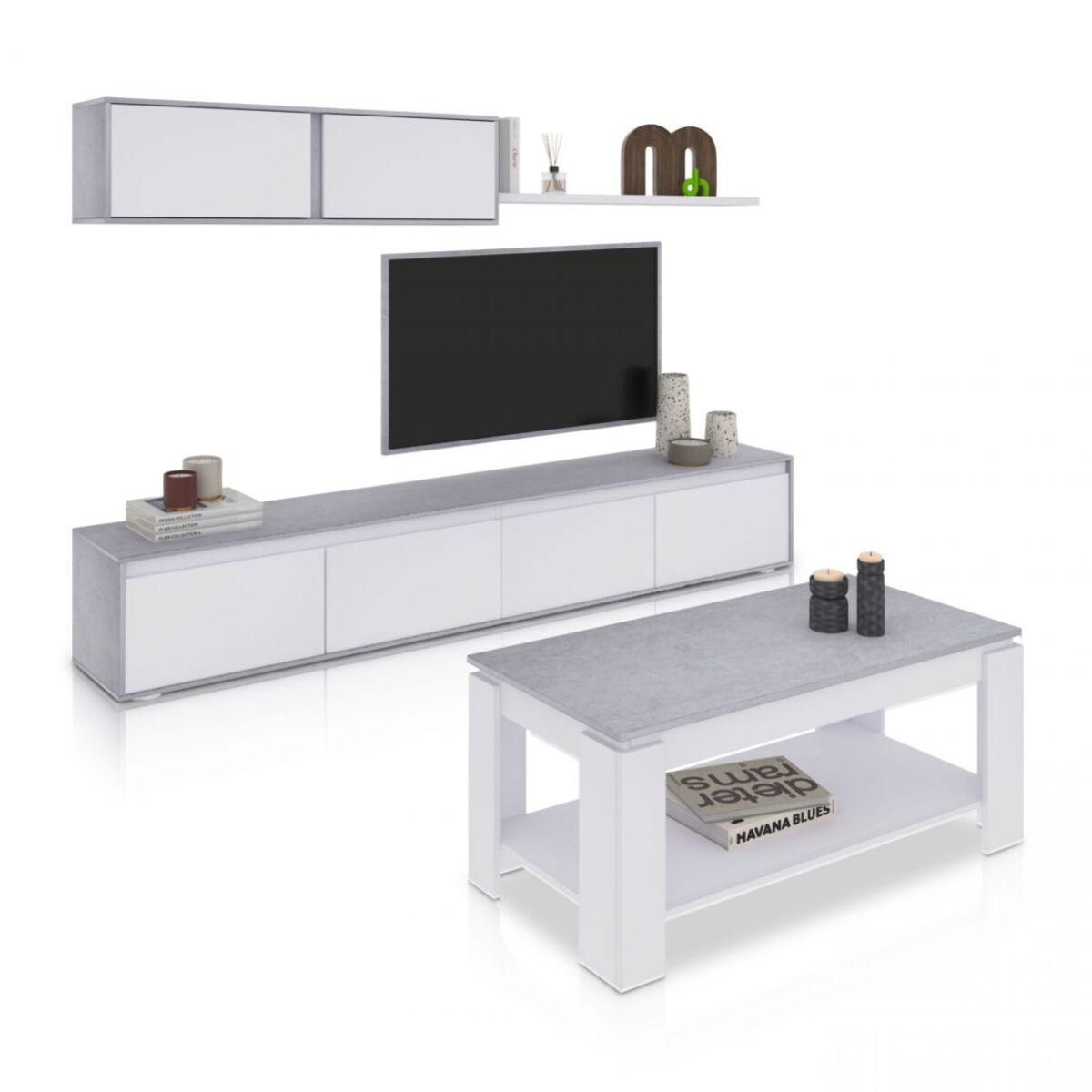 Pack salón con mesa de centro Arlet Plus Blanco Artik (Blanco Mate) - Gris Cemento