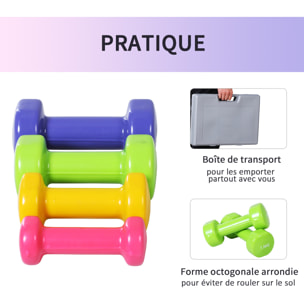 Ensemble d'haltères courtes multicolores total 10 Kg avec malette