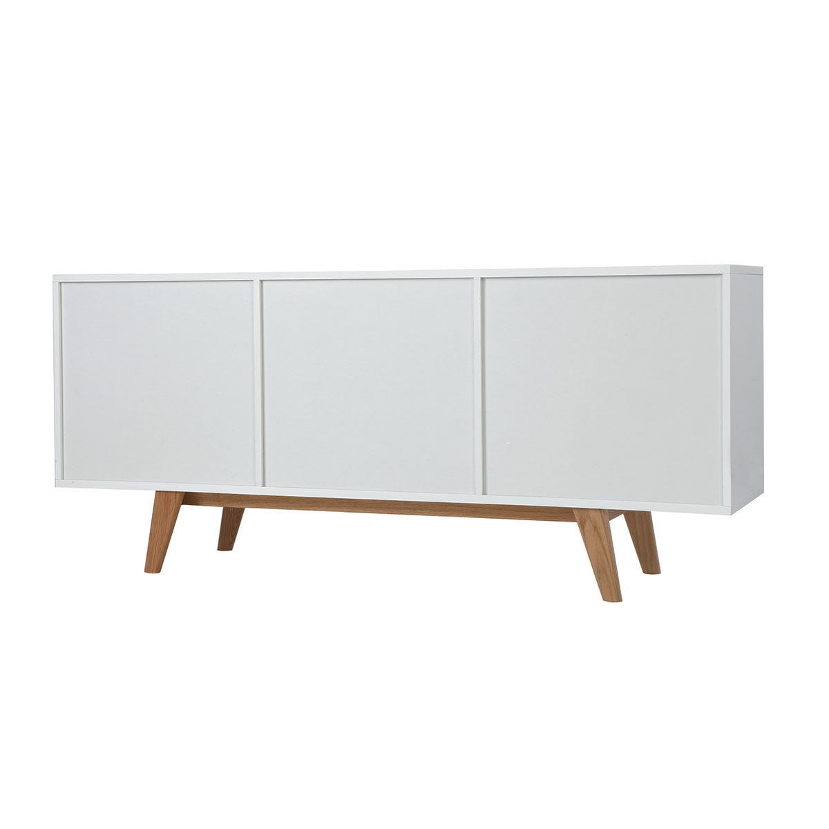 Buffet scandinave blanc brillant et finition bois clair 2 portes 2 tiroirs L160cm MELKA