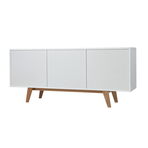 Buffet scandinave blanc brillant et finition bois clair 2 portes 2 tiroirs L160cm MELKA