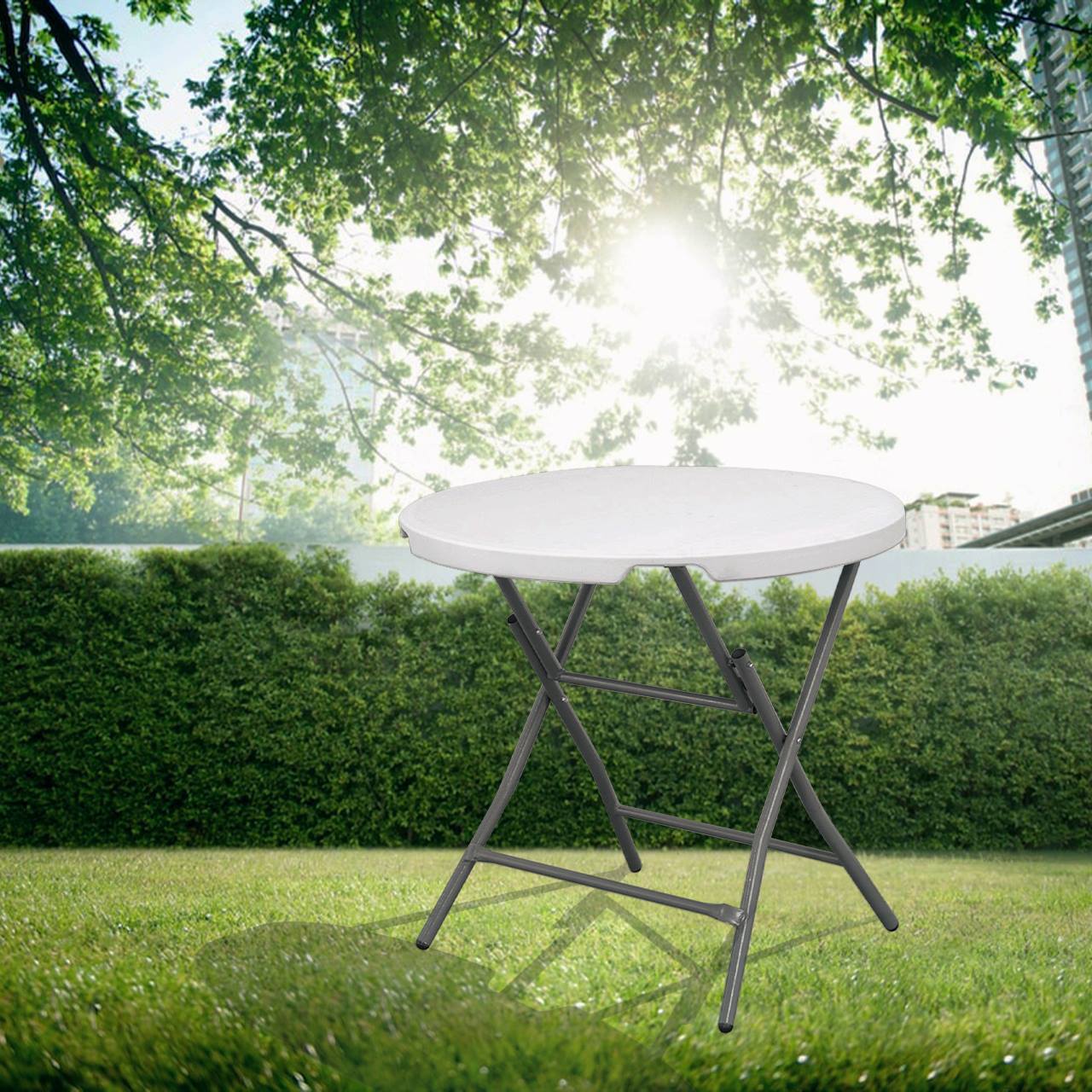 Mesa de cóctel plegable 80 x 80 x 74 cm, sistema compacto de plegado de patas y asa para su desplazamiento