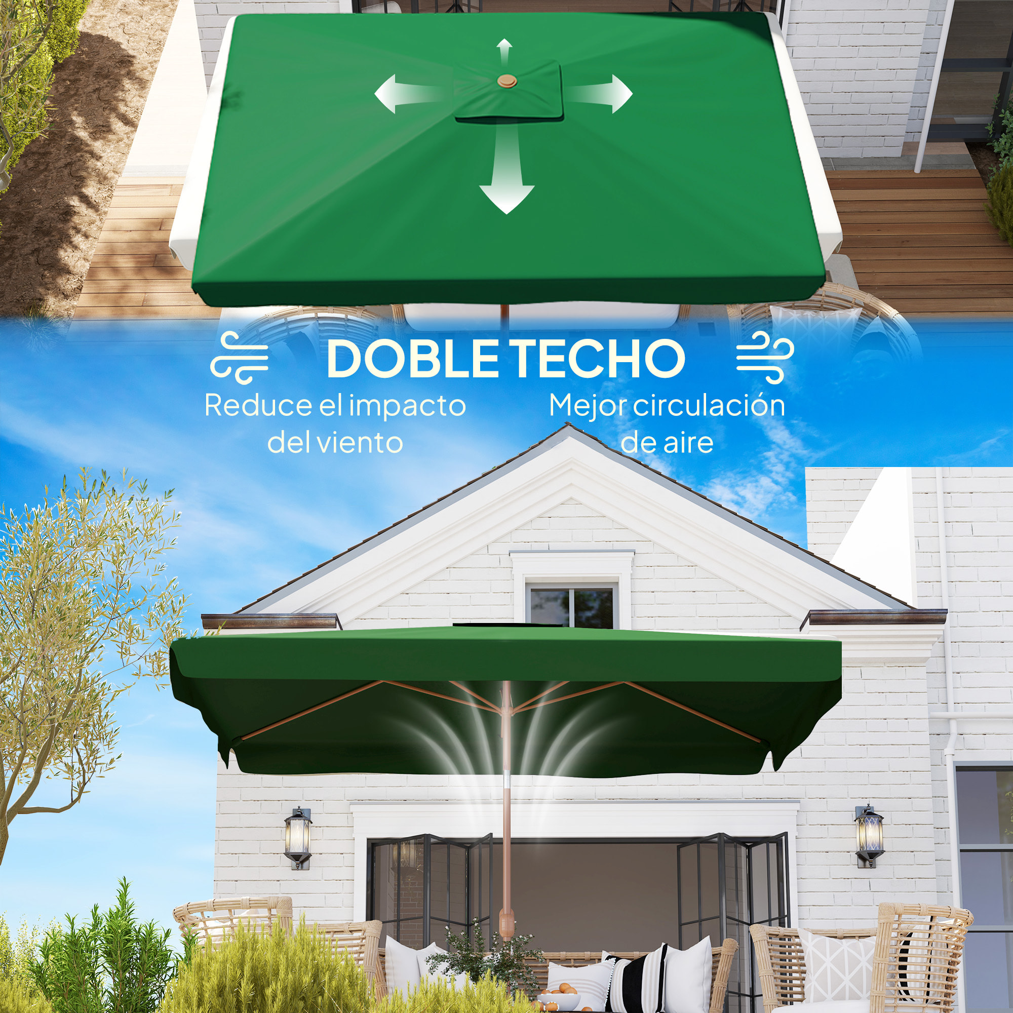 Sombrilla de Terraza Exterior 300x200 cm Parasol de Terraza Exterior con Ángulo Ajustable Mástil de Aluminio Manivela y Protección UV 50+ Sombrilla para Jardín Patio Verde Oscuro