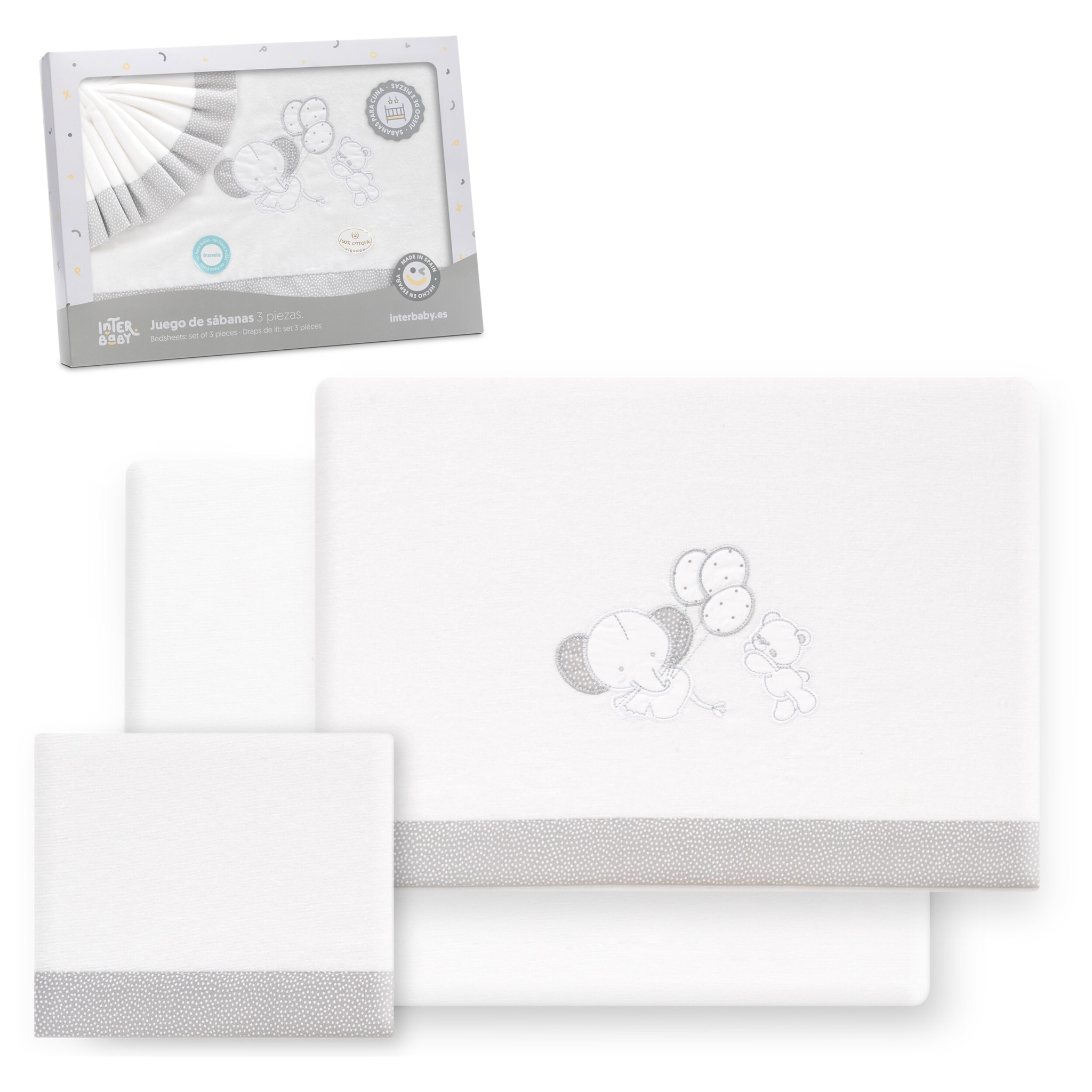 Triptico Cuna Franela Oso Elefante Globos Bco/Gris