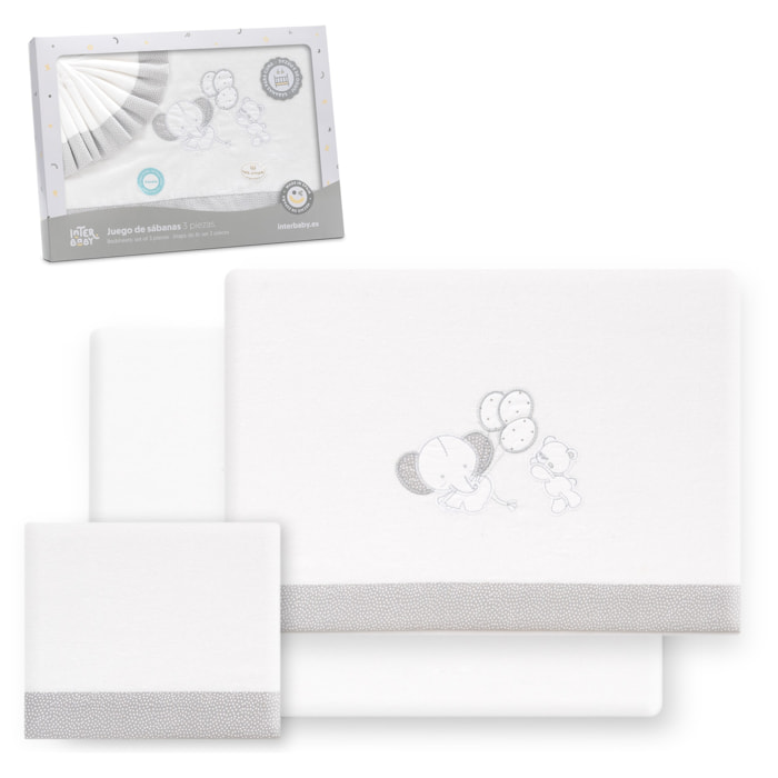 Triptico Cuna Franela Oso Elefante Globos Bco/Gris