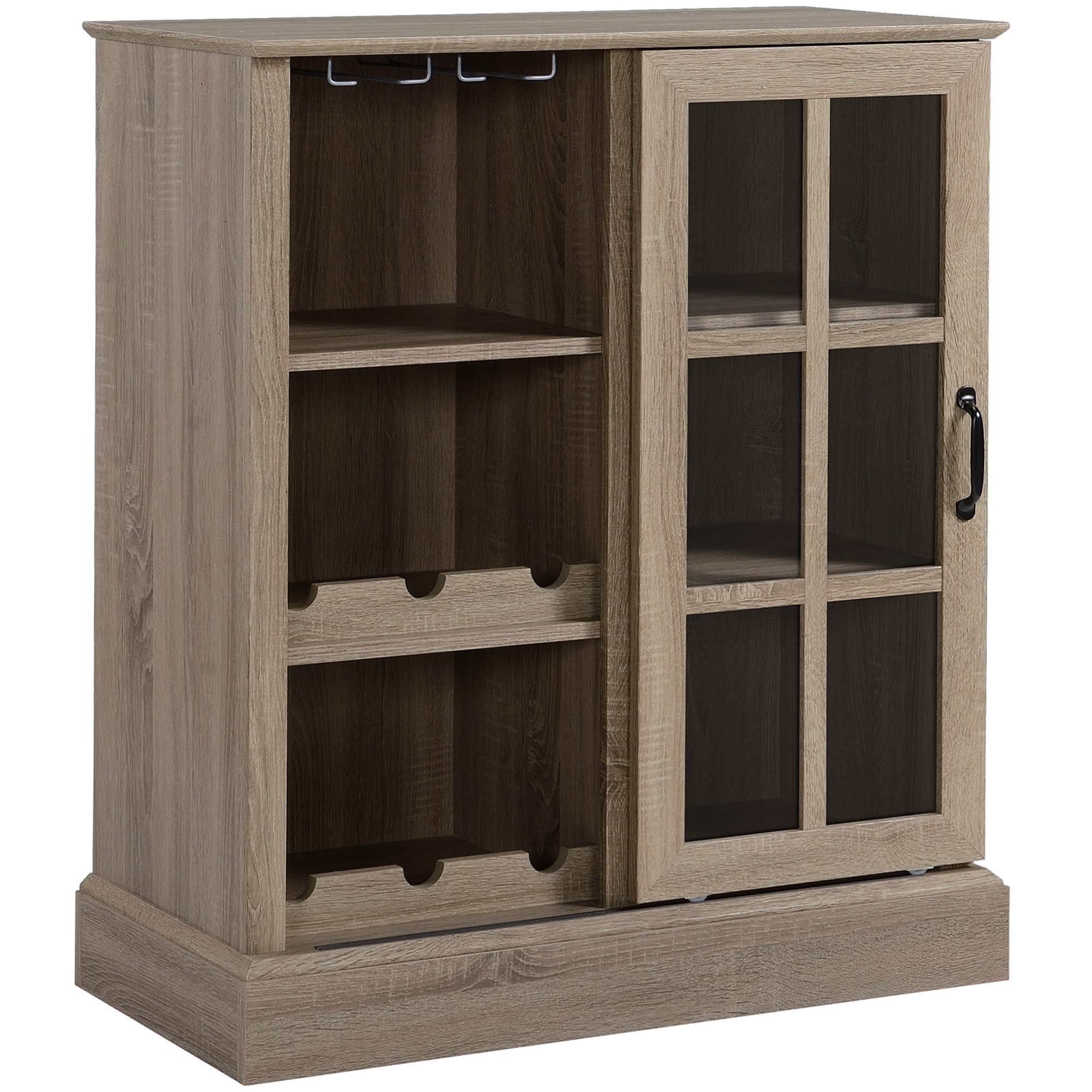 Aparador de Cocina Moderno con Puerta de Vidrio Soporte para 6 Copas Botellero para 6 Botellas y 3 Estantes Mueble Auxiliar de Almacenaje para Comedor Salón 79x39x92 cm Café