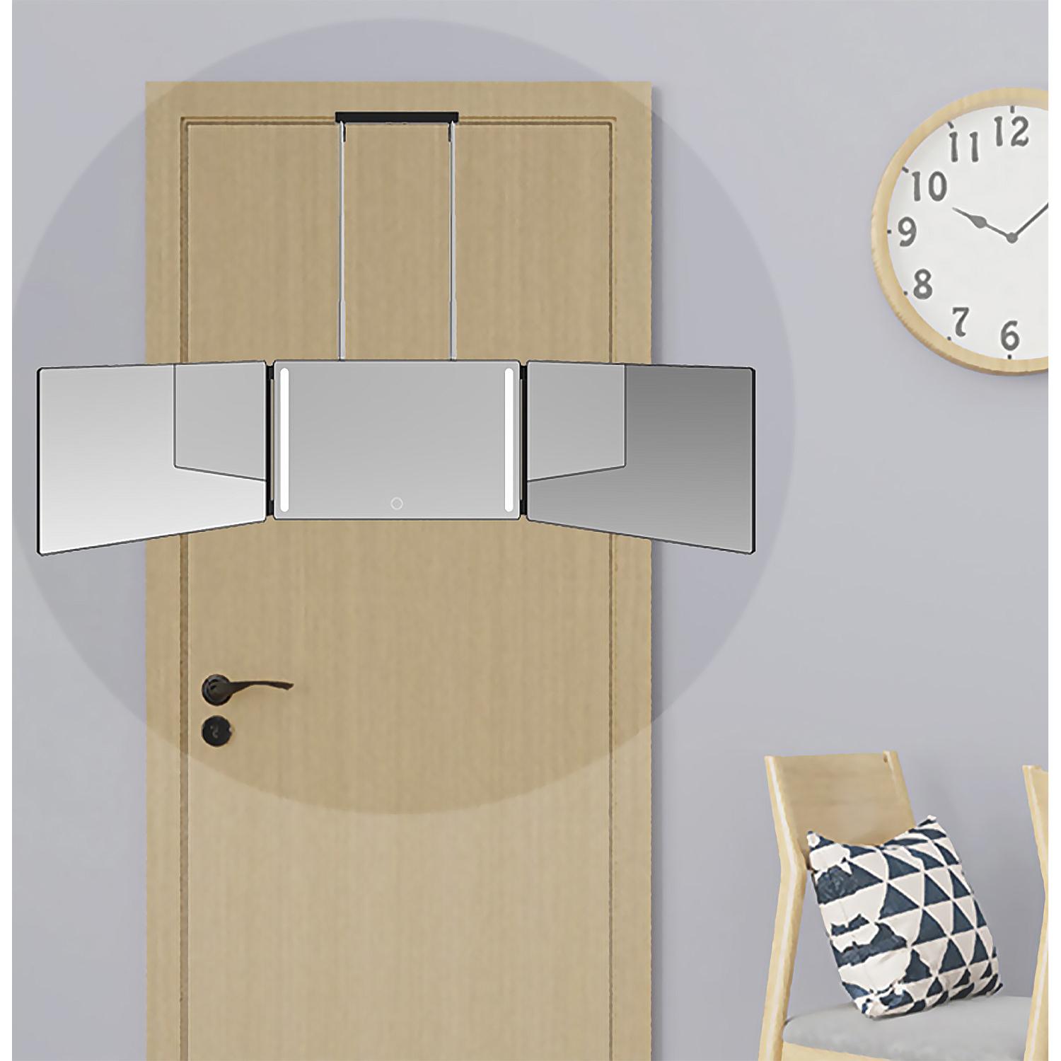 Specchio per il trucco trittico pieghevole, con luce a LED. Da utilizzare su un tavolo o da appendere a porte, armadi, ecc. Batteria ricaricabile.