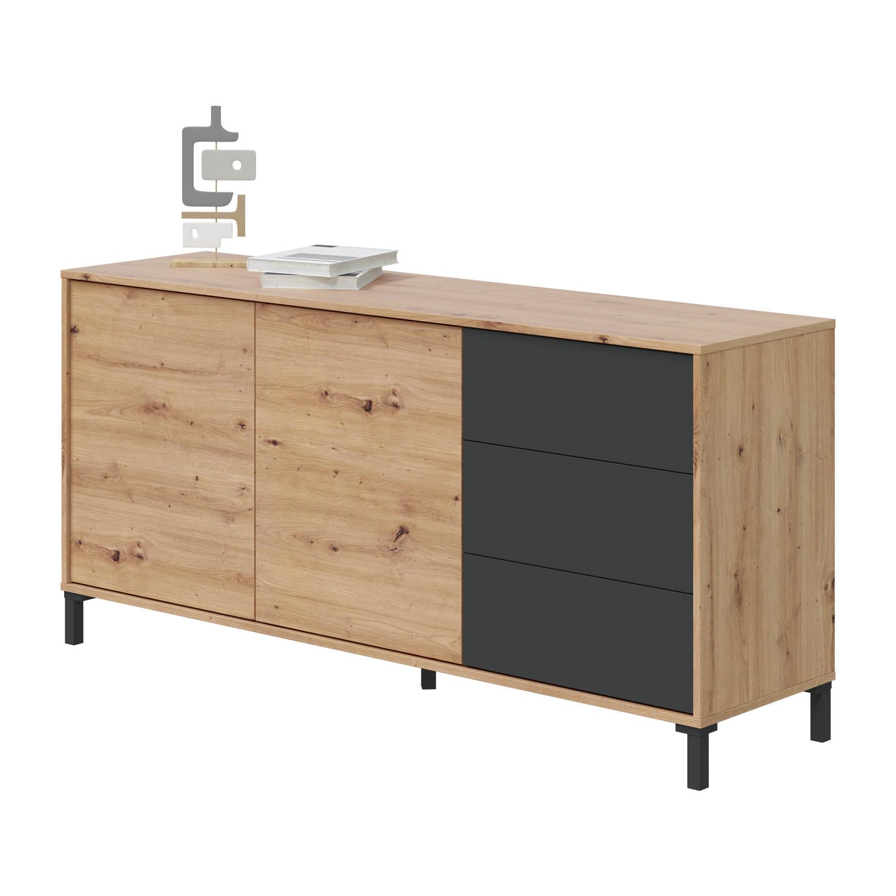 Credenza Concord, Madia moderna a 2 ante e 3 cassetti, Buffet da soggiorno, Mobile porta TV, Madia per salotto, cm 154x41h74, Rovere nodi e Antracite