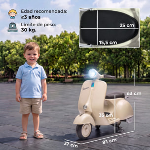 Moto Eléctrica para Niños Licencia VESPA 6V, Moto Eléctrica Infantil con Arranque Suave, Ruedines Desmontables, Luz Delantera, Música, Bocina, USB, Avance, Atrás, para Niños +3 Años, Blanco