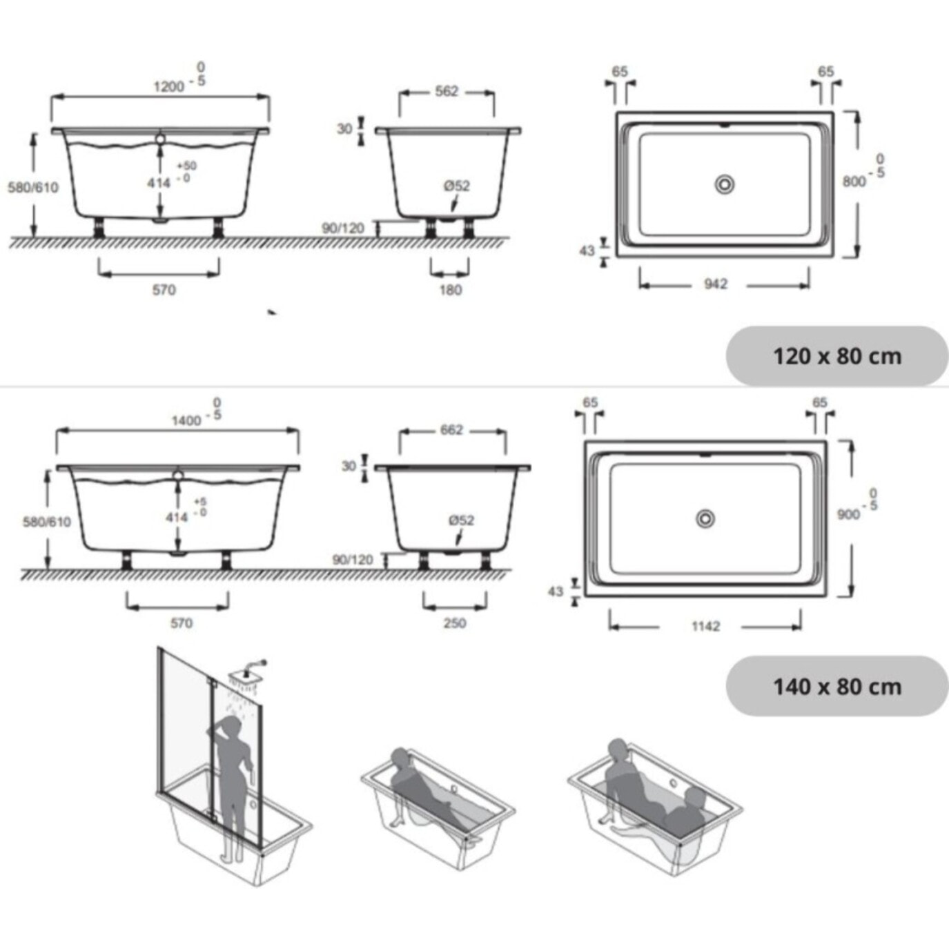 Baignoire bain douche Capsule, compacte + pare bain en angle 120 x 80 cm