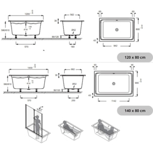 Baignoire bain douche Capsule, compacte + pare bain en angle 120 x 80 cm