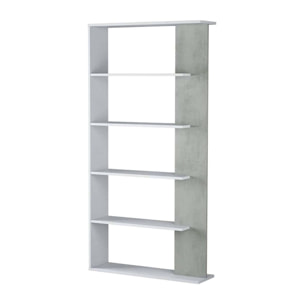 Libreria Columbia, Mobile portalibri bifacciale a 5 ripiani, Scaffale divisorio da ufficio o cameretta, cm 90x25h180, Bianco e Cemento