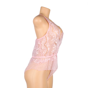 Body transparente con escote en V profundo floral de encaje rosa