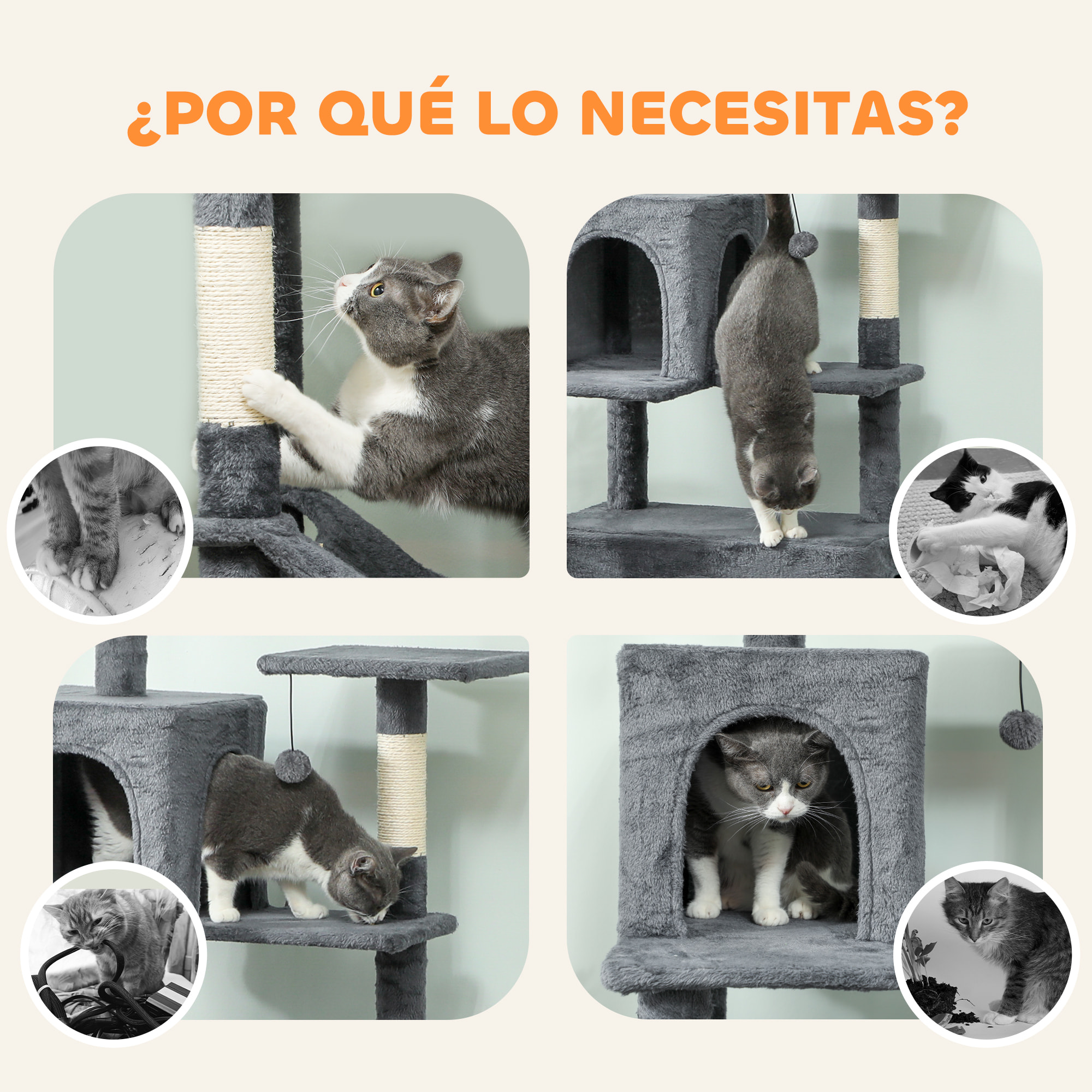 Árbol Rascador para Gatos, Árbol para Gatos 202 cm, Torre Escalador con Plataformas, Cama, Cuevas, Postes de Sisal, Bolas y Cuerda para Jugar, Gris Oscuro