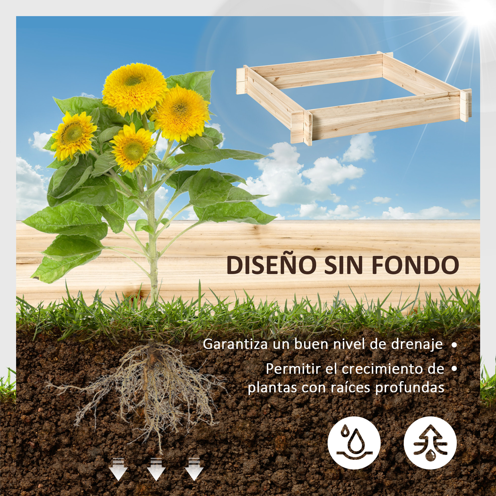 Arriate de Madera de Jardín Cuadrado Suelo de Huerto Urbano Jardinera Macetero para Cultivos Plantas Flores Hierbas Terraza 100x100x16 cm Natural