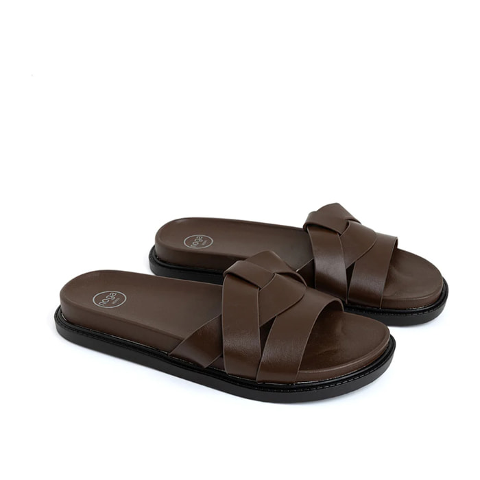 Ciabatta comfort con fascia a incrocio - MARRONE