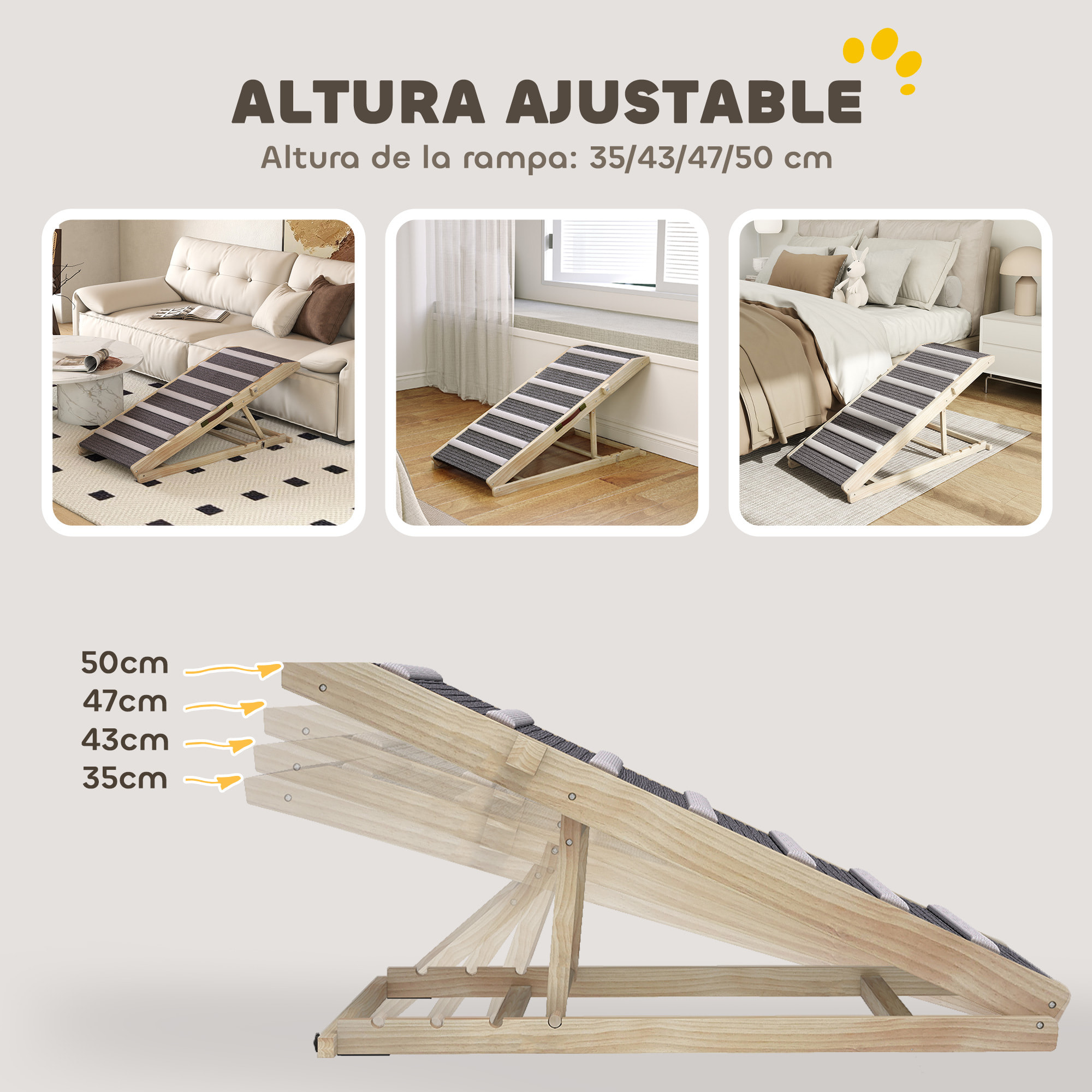 Rampa para Perros Plegable y Altura Ajustable 35-50 cm, Rampa para Mascotas de Madera con Alfombrilla Antideslizante y Asa, para Perros Pequeños Medianos y Grandes, para Cama Sofá, 100x50x50 cm