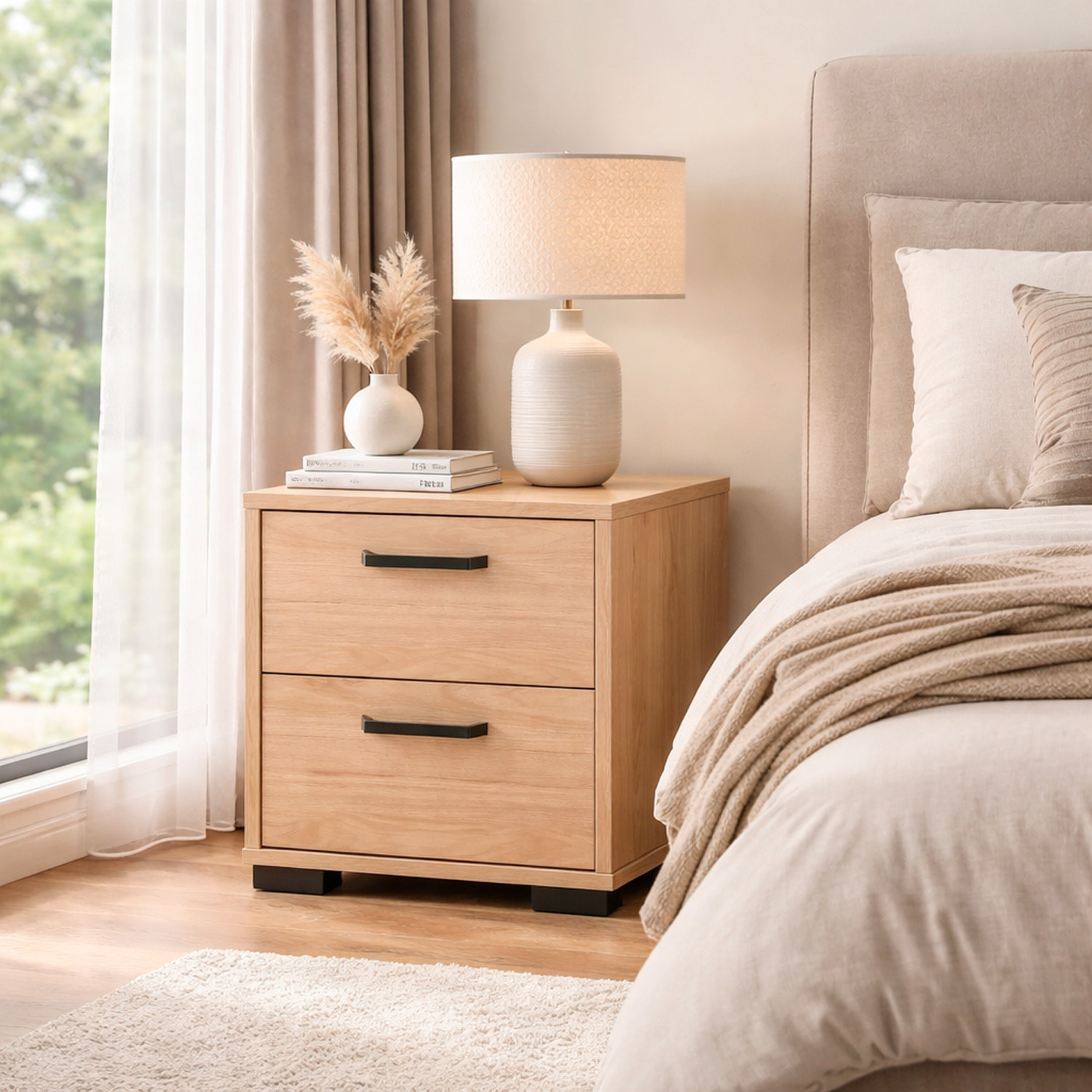 Comodino 2 Cassetti Notte Moderno Guide In Acciaio A Scorrimento Design Essenziale Salvaspazio Camera Da Letto Cameretta 40.2 x 39.8 x 44.3 Cm Rovere