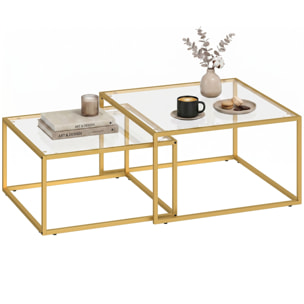 Set de 2 Mesas de Centro Cuadradas, Mesas Nido Modernas con Tablero de Vidrio Templado y Estructura Metálica, Ahorra Espacio, para Salón, Dormitorio u Oficina, 75x75x42 cm, Dorado