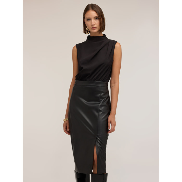 Motivi - Vestido tubo bimatérico con drapeado y abertura - Negro