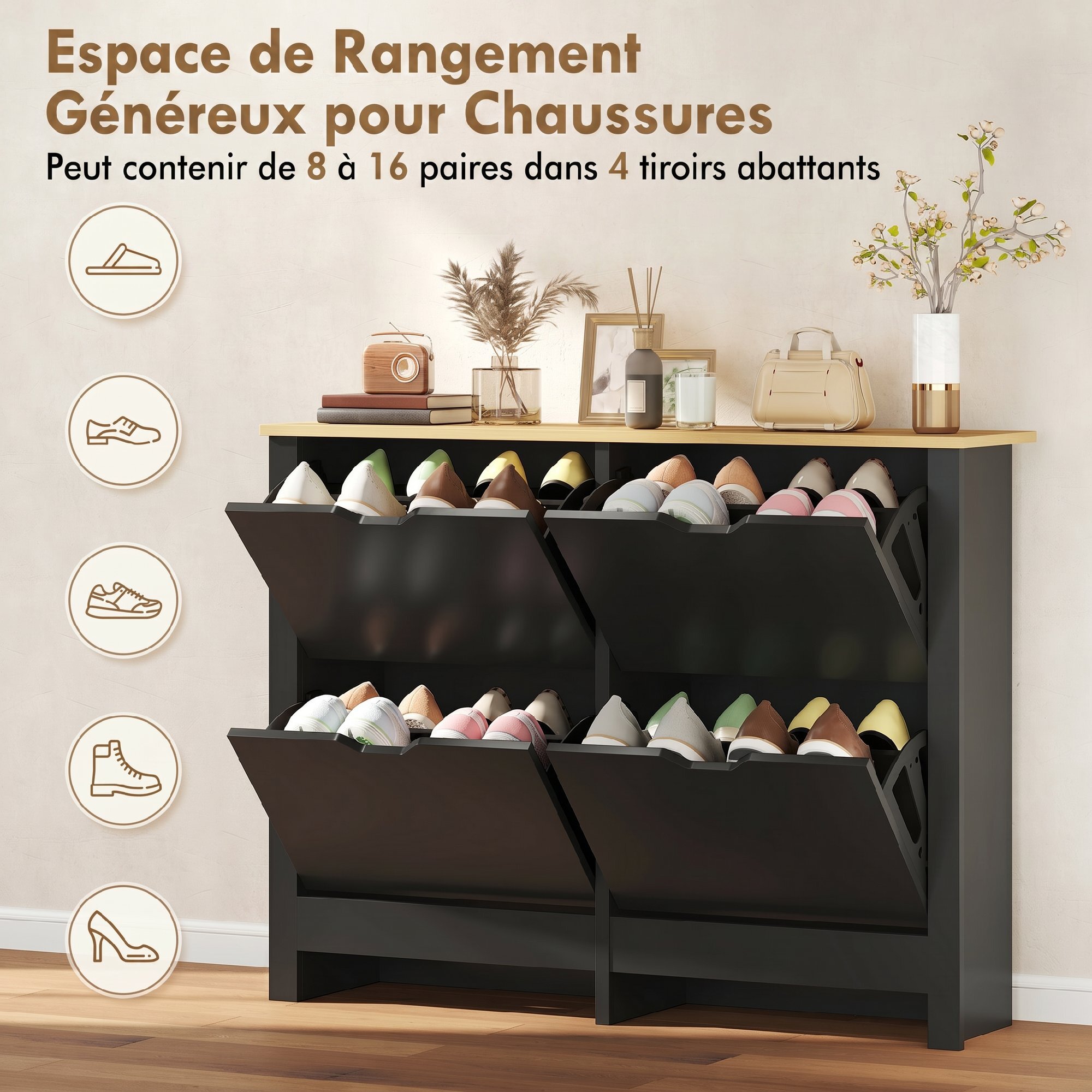 Armoire à chaussures 4 portes abattantes 2 compartiments noir chêne