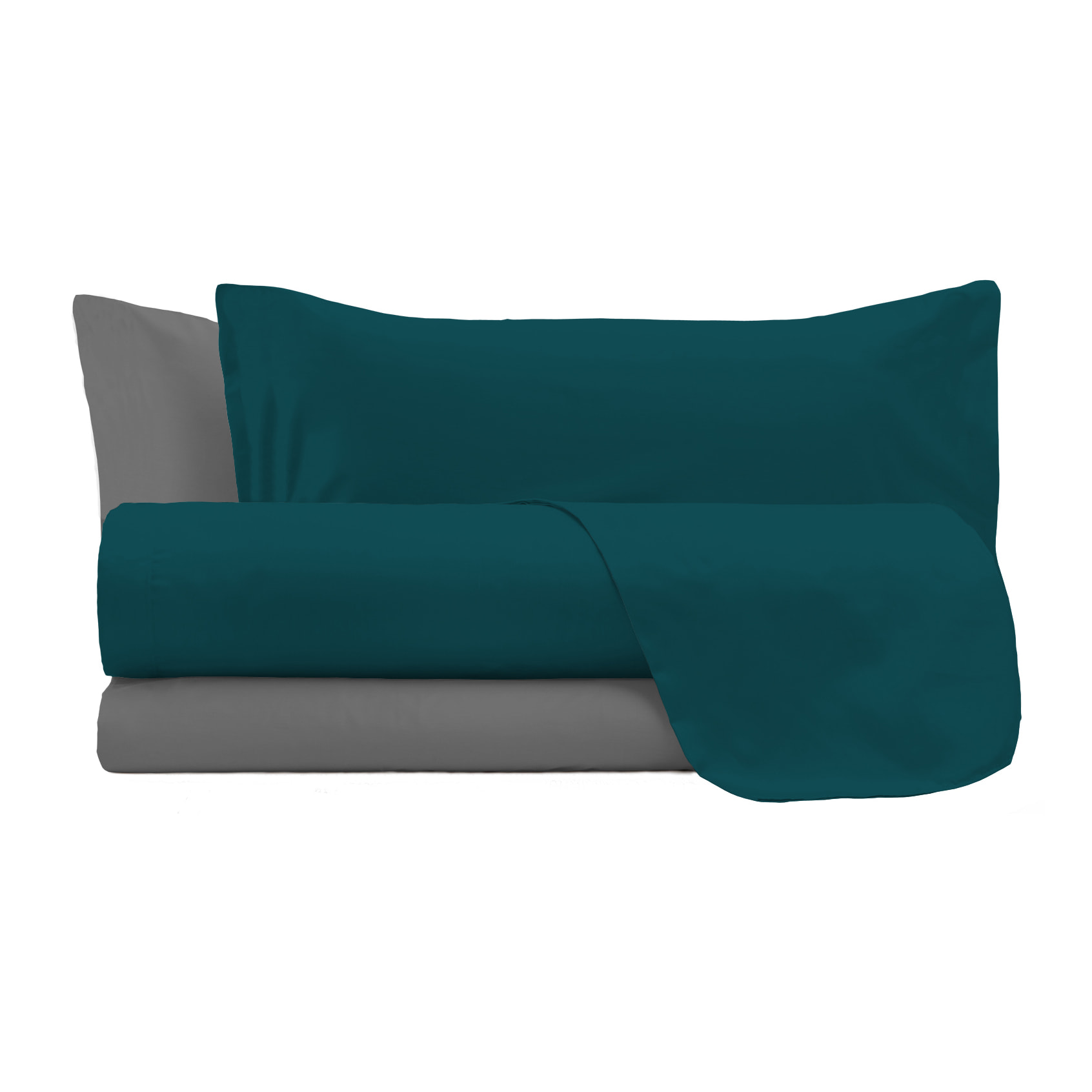 COMPLETO LETTO NATURAL COLOR, 100% Cotone, Made in Italy - VERDE PETROLIO/FUMO