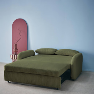 Canapé convertible arrondi 2 places velours côtelé kaki L 168 x P 90 x H 88cm - Lino