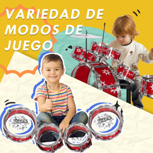 Batería Infantil con Taburete Batería para Niños de +3 Años con Tambores Bombo Platillo Pedal y Baquetas Diseño con Tema de Estrellas 65x22x57 cm Rojo