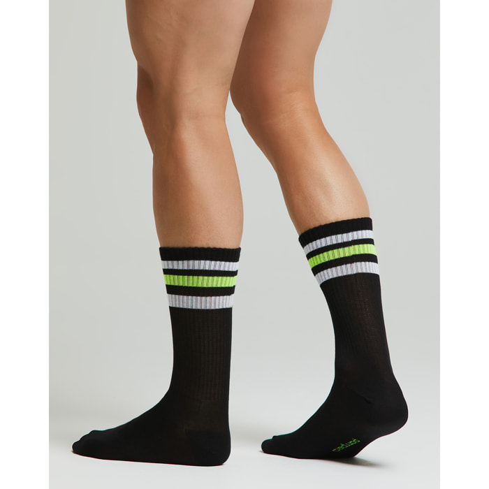 Calza tennis Crew cotone con righe fluo