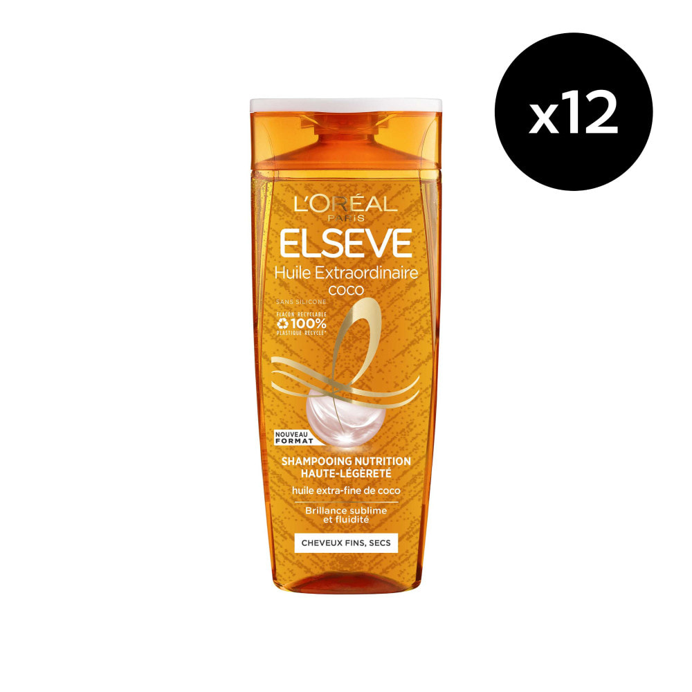 Lot de 12 - L'Oréal Paris Elseve Huile Extraordinaire Shampooing Coco Cheveux Fins et Secs 300ml