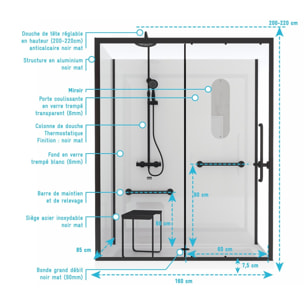 Cabine de douche Sécurisée et Accessible à Tous 160x85x220cm - Mitigeur Thermostatique